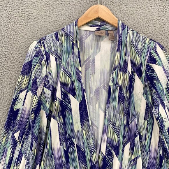 Chicos Top Womens 1 US Medium Blue Abstract Easywear Open Kimono Stretch Knit - Picture 2 of 10